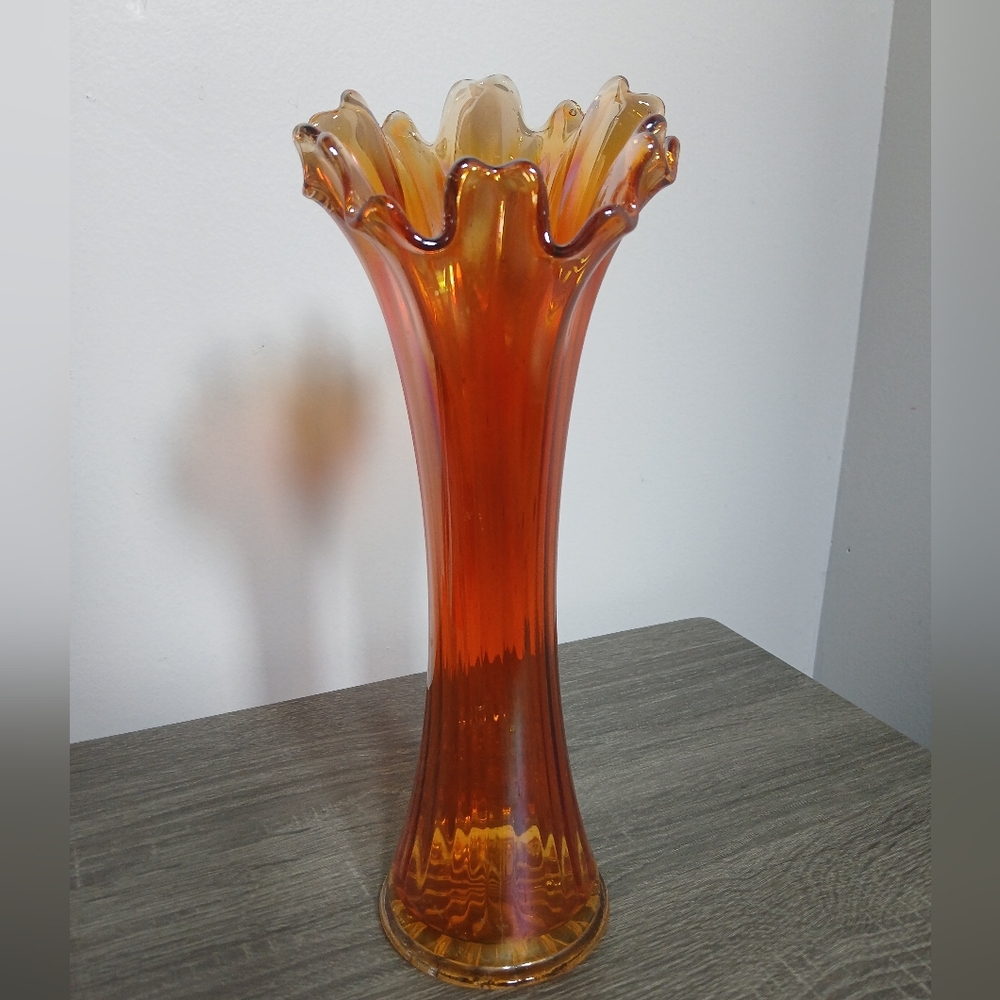 Antique Imperial Carnival Glass Iridescent Marigold Ruffled Edge Vase 11.25"